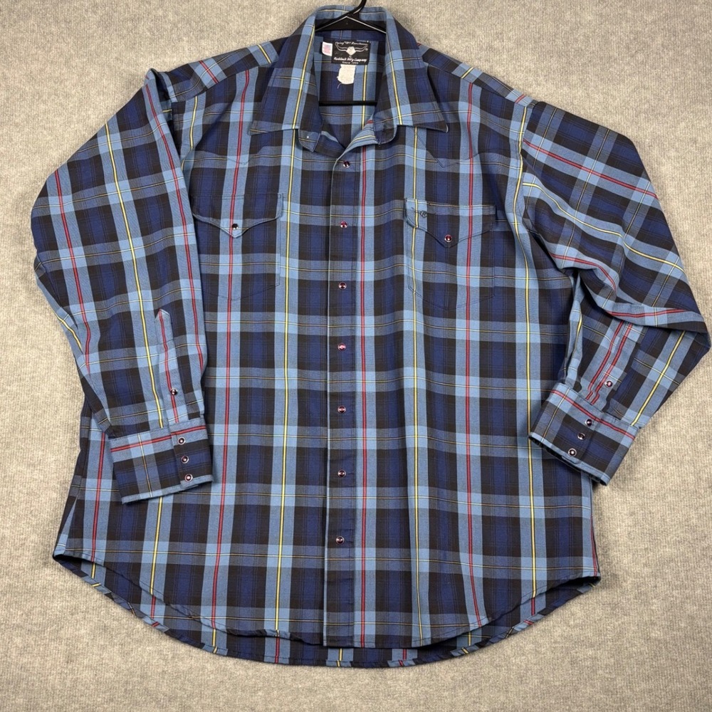 Flying R Ranchwear Classic Fit Western Pearl Snap Shirt 18.5 35 Blue‎ Plaid